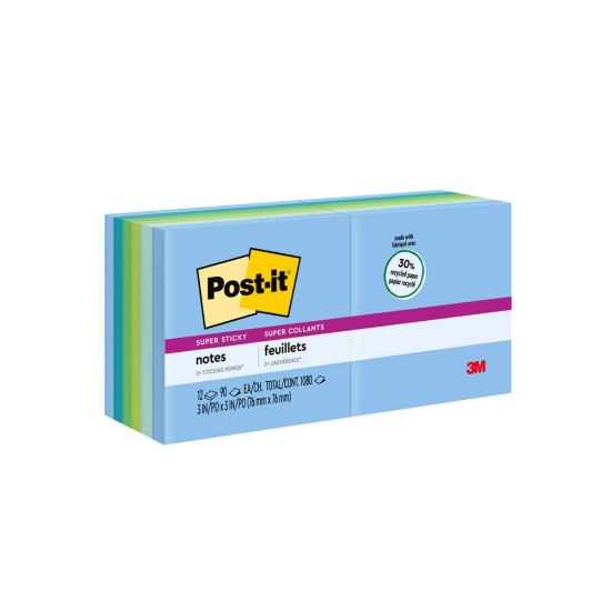 Picture of Post-it Recycled Super Sticky Notes, 3 in. x 3 in., 12 Pads, 90 Sheets/Pad, 2x the Sticking Power, Oasis Collection, Recycled