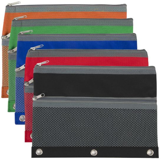 Picture of Trailmaker 3-Ring Binder Pencil Cases With Mesh Pockets, 7in x 9-13/16in, Assorted Colors, Pack Of 100 Cases