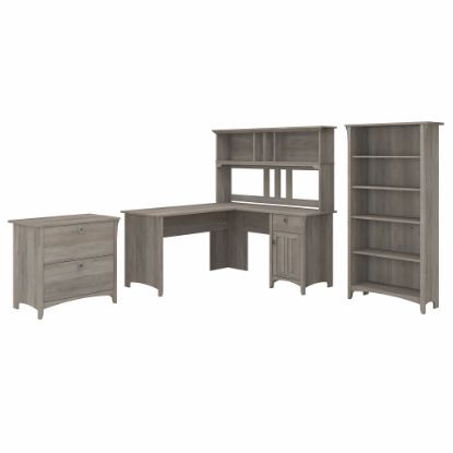 Picture of Bush Furniture Salinas 60inW L Shaped Desk with Hutch, Lateral File Cabinet and 5 Shelf Bookcase, Driftwood Gray, Standard Delivery