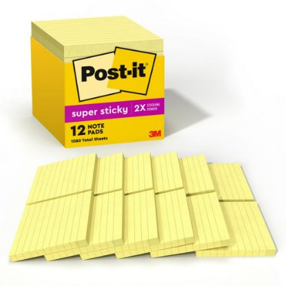 Picture of Post-it Super Sticky Notes, 4 in x 4 in, 12 Pads, 90 Sheets/Pad, 2x the Sticking Power, Canary Yellow, Lined