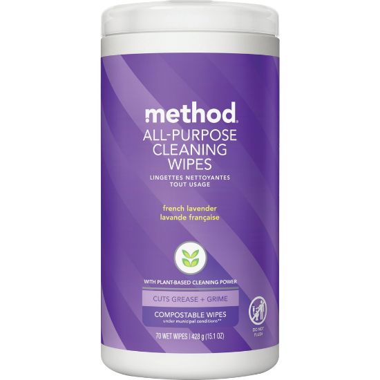 Picture of Method Plant-Based Cleaning Wipes, French Lavender Scent, 4in x 4in, 70 Wipes Per Tub