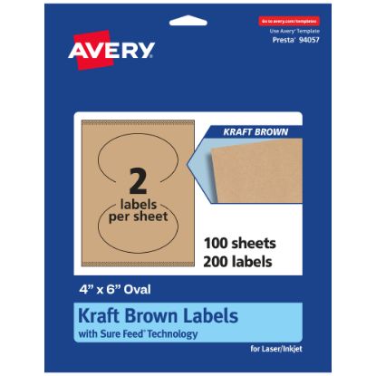 Picture of Avery Kraft Permanent Labels With Sure Feed, 94057-KMP100, Oval, 4in x 6in, Brown, Pack Of 200