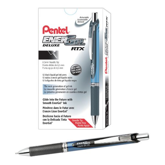 Picture of Pentel EnerGel Deluxe RTX Retractable Liquid Gel Pens, Fine Point, 0.5 mm, 54% Recycled, Blue Barrel, Black Ink, Pack Of 12 Pens