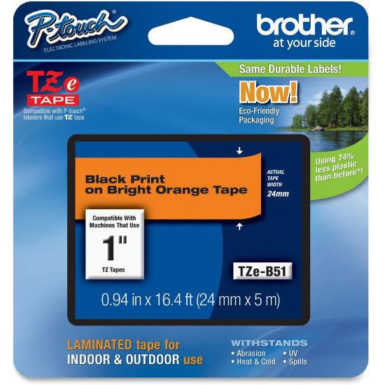 Picture of Brother P-touch TZe 1in Laminated Lettering Tape - 15/16in Width - Direct Thermal - Fluorescent Orange - 1 Each - Water Resistant - Self-adhesive, Abrasion Resistant, Chemical Resistant, Fade Resistant, Temperature Resistant, High Durable