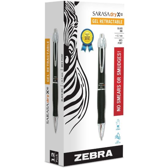 Picture of Zebra Pen GR8 Gel Retractable Rollerball Pens, Pack Of 12, Medium Point, 0.7 mm, Black Barrel, Black Ink