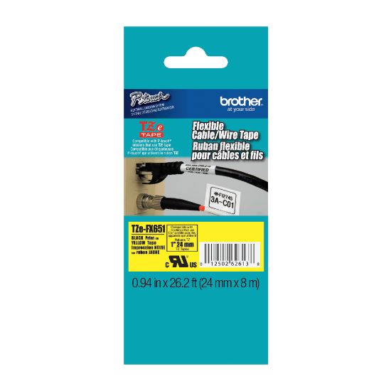 Picture of Brother TZe FX651 Flexible Label Maker Tape, 1in x 26.2ft, Black Print/Yellow Label