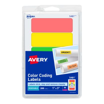 Picture of Avery Self-Adhesive Removable Print Or Write Color Coding Labels, 5481, Rectangle, 1in x 3in, Assorted (Green, Orange, Red, Yellow), Pack Of 200