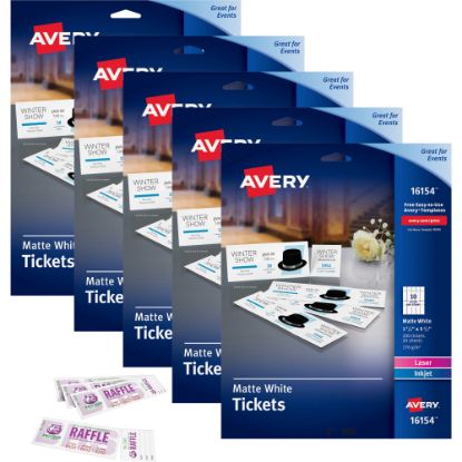 Picture of Avery Blank Tickets with Tear-Away Stubs - 1 3/4in Width x 5 1/2in Length - Laser, Inkjet - Matte White - 20 / Sheet - 1000 / Carton