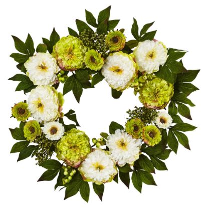 Picture of Nearly Natural Peony Mum 24inH Plastic Wreath, 24inH x 24inW x 3inD, White