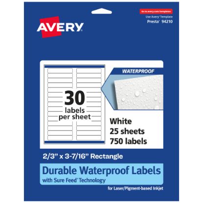 Picture of Avery Waterproof Permanent Labels With Sure Feed, 94210-WMF25, Rectangle, 2/3in x 3-7/16in, White, Pack Of 750