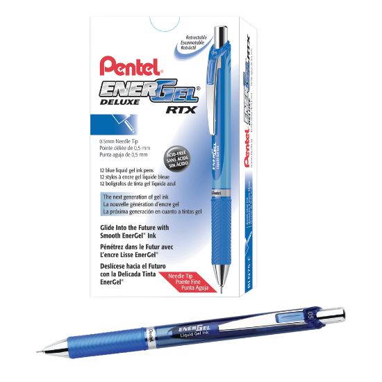 Picture of Pentel EnerGel RTX Retractable Liquid Gel Pens, Fine Point, 0.5 mm, 54% Recycled, Blue, Pack Of 12 Pens