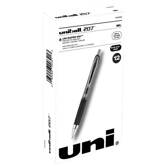 Picture of uni-ball 207 Retractable Fraud Prevention Gel Pens, Bold Point, 1.0 mm, Translucent Gray Barrel, Black Ink, Pack Of 12