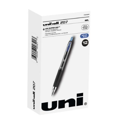 Picture of uni-ball 207 Retractable Fraud Prevention Gel Pens, Bold Point, 1.0 mm, Translucent Gray Barrel, Blue Ink, Pack Of 12