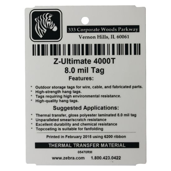 Picture of Zebra ZUltimate 4000T Thermal Transfer Labels, 05025RM, 8 mils, Pearl White, Pack Of 750