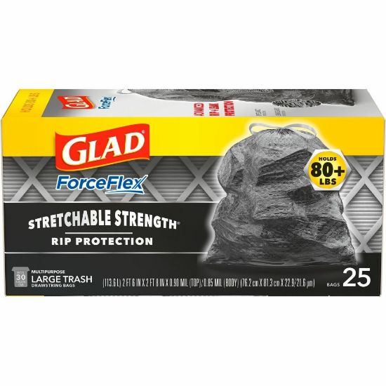 Picture of Glad ForceFlexPlus Large Drawstring Trash Bags - Large Size - 30 gal Capacity - 24in Width x 25.13in Length - Drawstring Closure - Black - Plastic - 312/Pallet - 25 Per Box