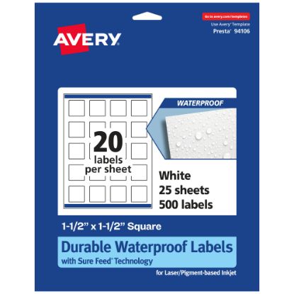 Picture of Avery Waterproof Permanent Labels With Sure Feed, 94106-WMF25, Square, 1-1/2in x 1-1/2in, White, Pack Of 500