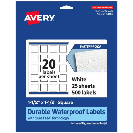 Picture of Avery Waterproof Permanent Labels With Sure Feed, 94106-WMF25, Square, 1-1/2in x 1-1/2in, White, Pack Of 500