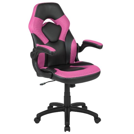 Picture of Flash Furniture X10 Ergonomic LeatherSoft Faux Leather High-Back Racing Gaming Chair With Flip-Up Arms, Pink/Black