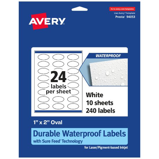 Picture of Avery Waterproof Permanent Labels With Sure Feed, 94053-WMF10, Oval, 1in x 2in, White, Pack Of 240