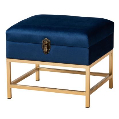 Picture of Baxton Studio Aliana Storage Ottoman, 13inH x 15-3/4inW x 13-7/16inD, Navy Blue/Gold