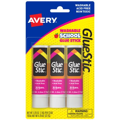 Picture of Avery Permanent Glue Stic,, Washable, Nontoxic, 0.26 oz., 3 Glue Sticks