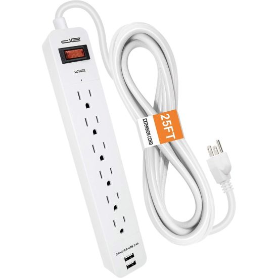 Picture of Digital Energy World 6-Outlet Surge Protector Power Strip with 2 USB Ports and 25-Foot Cord (White) - 6 x AC Power, 2 x USB - 1875 VA - 1050 J - 120 V AC Input - 25 ft