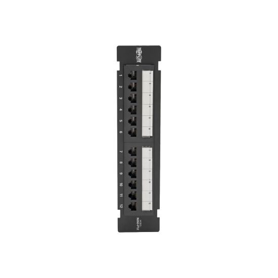 Picture of Tripp Lite Cat5e Wall-Mount 12-Port Patch Panel - PoE+ Compliant, 110/Krone, 568A/B, RJ45 Ethernet, TAA - Patch panel - desk mountable, wall mountable - CAT 5e - RJ-45 X 12 - black - TAA Compliant