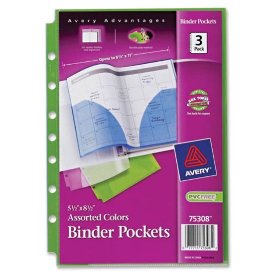 Picture of Avery Binder Pockets, 5 1/2in x 8 1/2in, Assorted, Pack Of 3