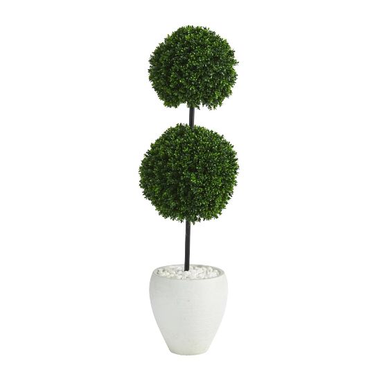 Picture of Nearly Natural Boxwood Double Ball Topiary 4'H Artificial Tree With Planter, 48inH x 10inW x 10inD, Green/White