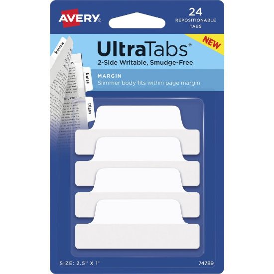 Picture of Avery Ultra Tabs Repositionable Margin Tabs - 24 Tab(s) - 6 Tab(s)/Set - Clear Film, White Paper Tab(s) - 4