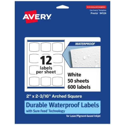 Picture of Avery Waterproof Permanent Labels With Sure Feed, 94124-WMF50, Arched Square, 2in x 2-3/16in, White, Pack Of 600