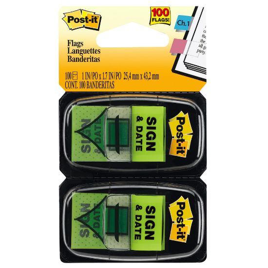 Picture of Post-it Notes Sign & Date Printed Flags, 1in x 1-7/10in, Green, 50 Flags Per Pad, Pack Of 2 Pads