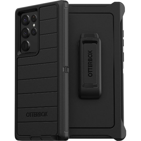 Picture of OtterBox Defender Series Pro Rugged Carrying Case (Holster) Samsung Galaxy S22 Ultra Smartphone - Black - Bacterial Resistant Exterior, Drop Resistant, Scrape Resistant, Dirt Resistant Port, Dust Resistant Port, Lint Resistant Port - Holster