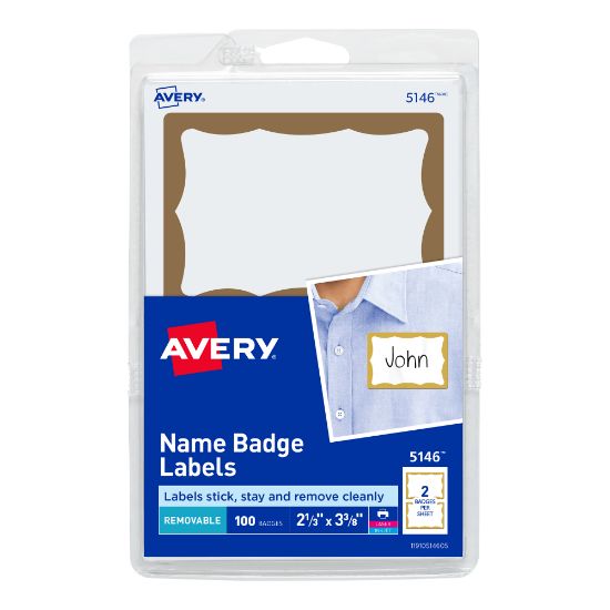 Picture of Avery Name Tags, 05146, 2-1/3in x 3-3/8in, White With Gold Border, 100 Removable Name Badges