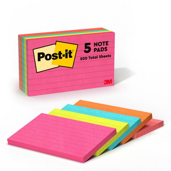 Picture of Post-it Notes, 3 in x 5 in, 5 Pads, 100 Sheets/Pad, Clean Removal, Poptimistic Collection, Lined