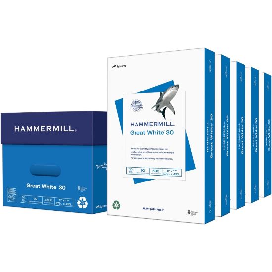 Picture of Hammermill Great White Inkjet Or Laser Paper, White, Ledger Size (11in x 17in), 30% Recycled, Ream Of 500 Sheets, 20 Lb, 92 Brightness