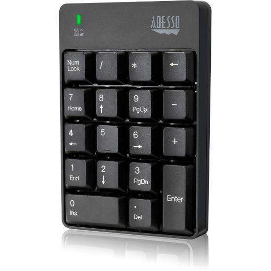 Picture of Adesso Wireless Spill Resistant 18-Key Numeric Keypad - Wireless Connectivity - RF - 30 ft - 2.40 GHz - USB Interface - 18 Key - English (US) - Computer - Windows - Membrane Keyswitch - AAA Battery Size Supported - Black