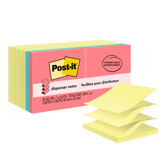 Picture of Post-it Pop Up Notes Value Pack, 3 in x 3 in, 18 Pads, 100 Sheets/Pad, Clean Removal, Canary Yellow and Assorted Colors