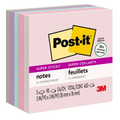 Picture of Post-it Recycled Super Sticky Notes, 3 in x 3 in, 5 Pads, 90 Sheets/Pad, 2x the Sticking Power, Wanderlust Pastels Collection, 30% Recycled