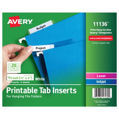 Picture of Avery Printable Tab Inserts For Hanging File Folders, 1/5 Cut For 2in Tabs, White, Box Of 100