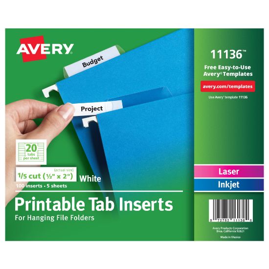 Picture of Avery Printable Tab Inserts For Hanging File Folders, 1/5 Cut For 2in Tabs, White, Box Of 100