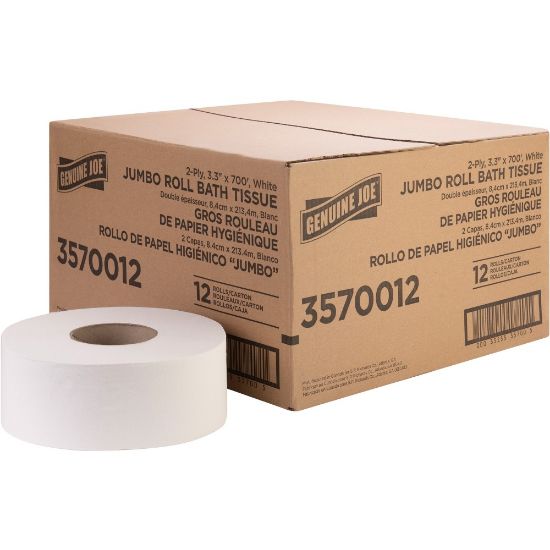 Picture of Genuine Joe Jumbo Jr Dispenser Bath Tissue Roll - 2 Ply - 3.30in x 700 ft - 8.88in Roll Diameter - White - Fiber - 12 / Carton