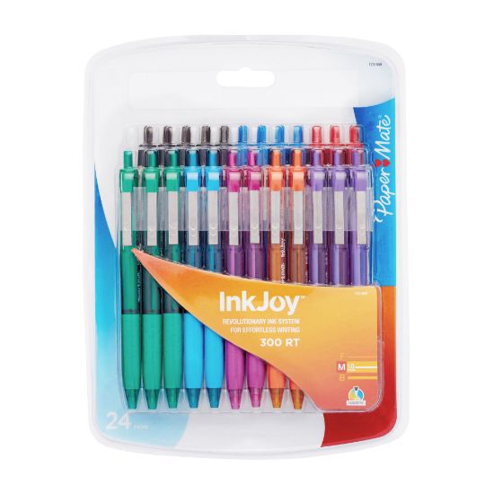 Picture of Paper Mate InkJoy 300 RT Retractable Pens, Medium Point, 1.0 mm, Clear Barrels, Assorted Ink Colors, Pack Of 24