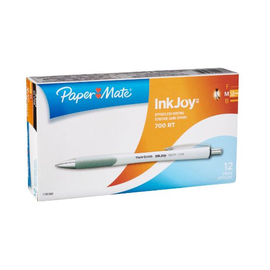 Picture of Paper Mate InkJoy 700RT Retractable Ballpoint Pens, Medium Point, 1.0 mm, White Barrels, Black Ink, Pack Of 12