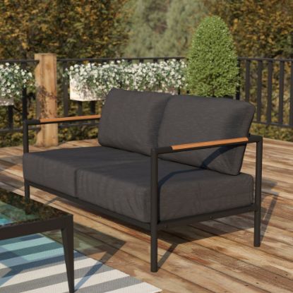 Picture of Flash Furniture Lea Indoor/Outdoor Patio Loveseat With Teak Accent Arms, Charcoal/Black