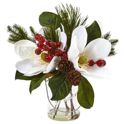 Picture of Nearly Natural 12inH Magnolia, Pine And Berry Holiday Arrangement In Glass Vase, 12inH x 13inW x 11inD, Clear/White