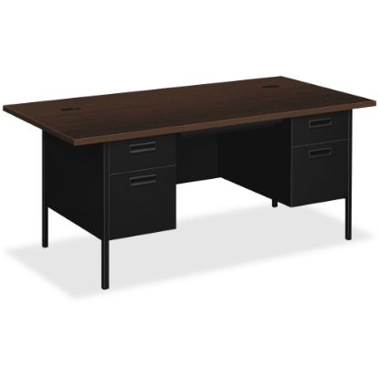 Picture of HON Metro Classic Double Pedestal Desk - 4-Drawer - 72in x 36in x 29.5in - 4 x Box Drawer(s), File Drawer(s) - Double Pedestal - Square Edge - Material: Steel - Finish: Mocha Laminate, Black Paint