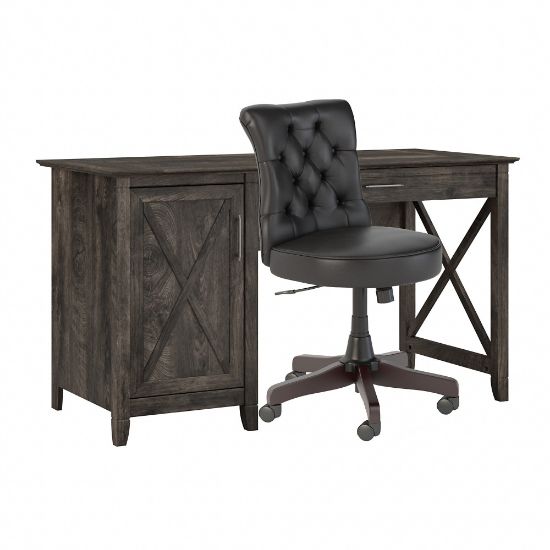 Picture of Bush Furniture Key West 54inW Computer Desk With Storage And Mid-Back Tufted Office Chair, Dark Gray Hickory, Standard Delivery