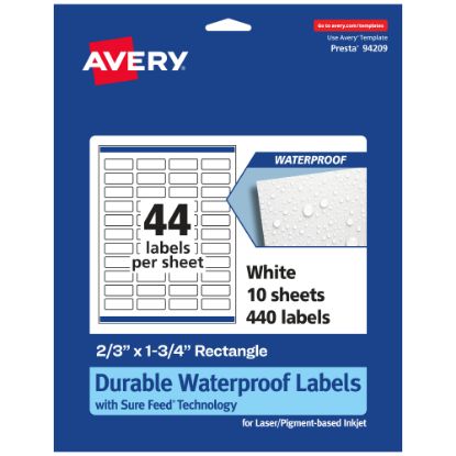 Picture of Avery Waterproof Permanent Labels With Sure Feed, 94209-WMF10, Rectangle, 2/3in x 1-3/4in, White, Pack Of 440