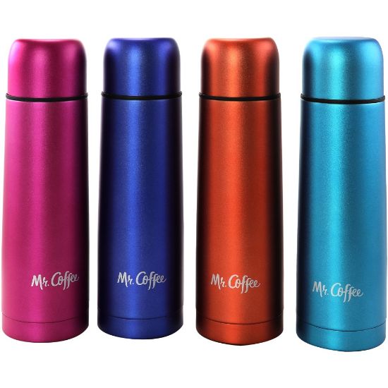 Picture of Mr. Coffee Luster Javelin Thermal Travel Bottles, 16 Oz, Orange/Pink/Purple/Blue, Set Of 4 Bottles